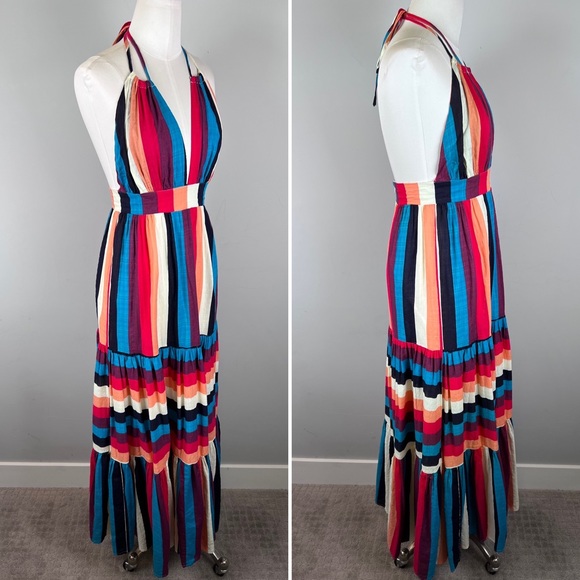 LUXXEL, Striped Colorful Maxi Dress, Halter Neck, Low Back, Small - Picture 2 of 12